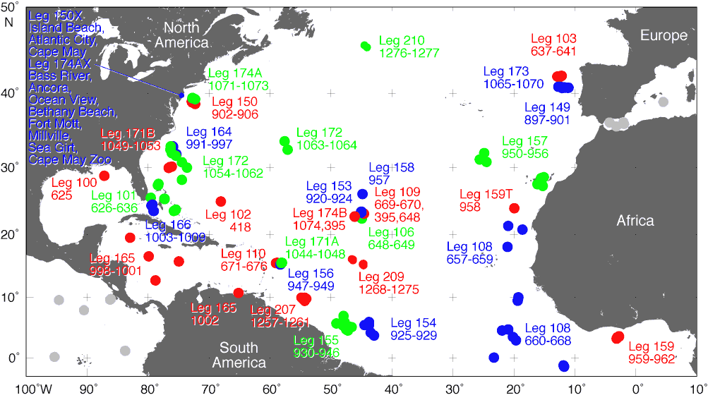 Central Atlantic Ocean drill site map